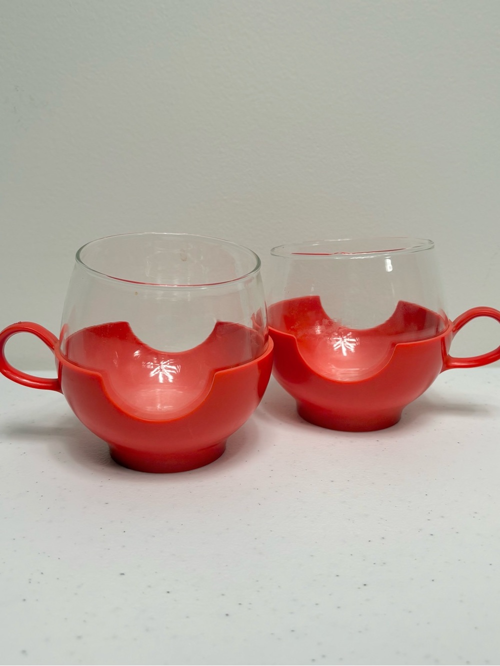 Vintage Pyrex Roly Poly Set of 2 Red Glass 1970s Coffee Cups/Tea Cups w Holders
